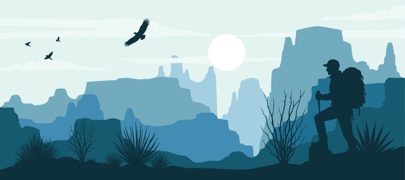 Hiker Mountain Desert Landscape Banner Adventure Background