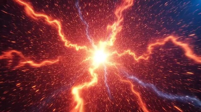 A bright explosion of orange energy radiates outward in a dark cosmic space