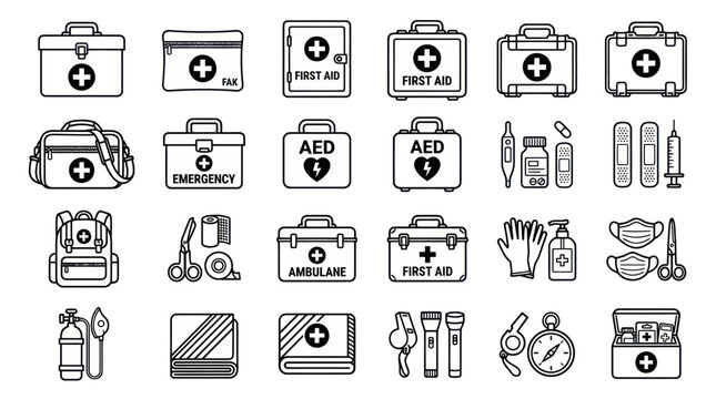 First aid kit and emergency medical equipment icons set.