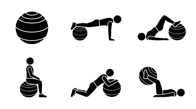 Fitness stability ball exercise silhouettes for core workout guide.