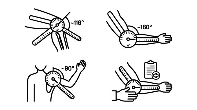 Goniometer measuring joint angles for physical therapy assessment icons.