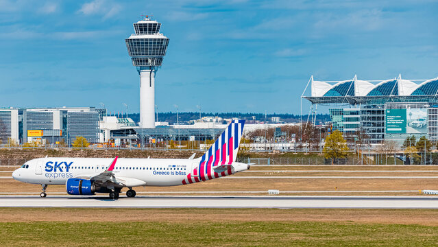 SX-GNA Sky Express Airbus A320neo passenger jet airplane on a sunny spring day at Munich airport, MUC, Freising, Bavaria, Germany