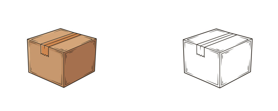 Closed cardboard box illustration in flat brown and black line styles on a white background used for packaging shipping and delivery of postal items