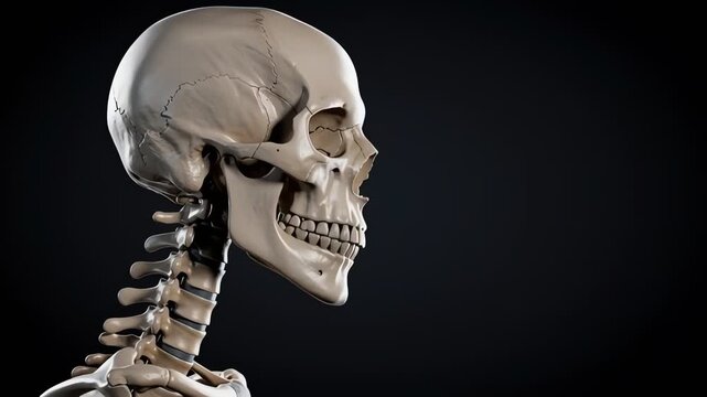 Human skull talking with moving mandible on dark background