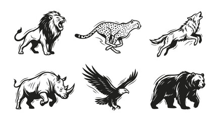 Wild Animals Set: Lion, Cheetah, Wolf, Rhino, Eagle, Bear - Vintage Style © meja