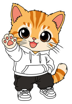 Cute orange tabby cat waving hand isolated on white background