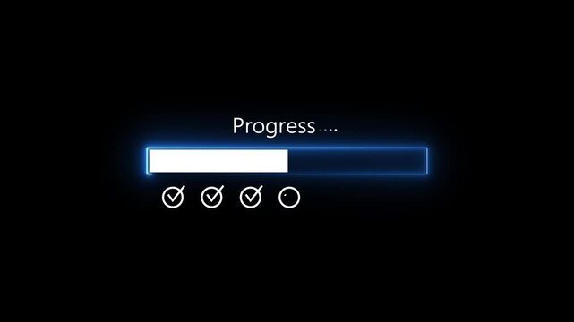 Digital progress bar with glowing blue outline and white fill indicating completion with two checkmarks below on a dark background signifying loading or task completion status