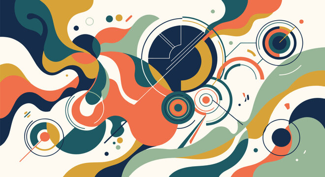 Organic flowing shapes intersecting with precise geometric circles and arcs, modern editorial vector style