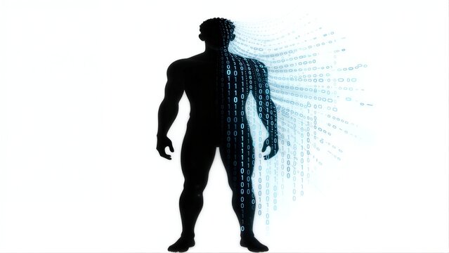 Silhouette of a muscular man with flowing binary code emanating from his body.
