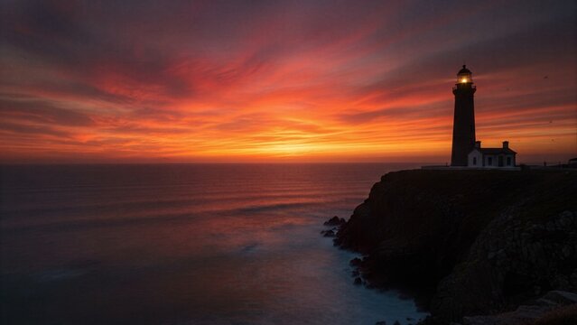 Red sunset silhouettes lighthouse on ocean cliff