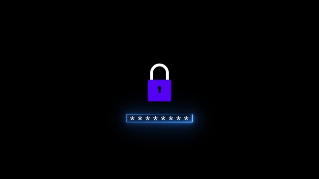Purple padlock with a glowing blue outline and a password input field with glowing blue asterisks below it on a dark black background symbolizing security and login
