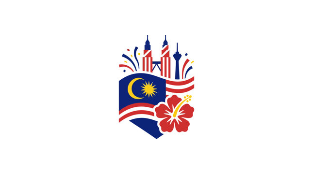 Malaysia National Day Celebration Logo with Hibiscus and Petronas Towers