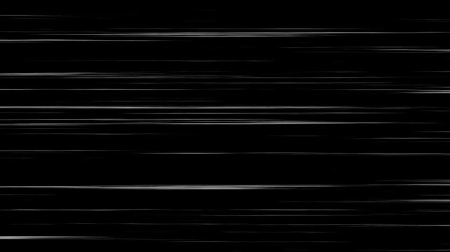 Abstract black background with horizontal white streaks of light resembling fast motion or speed lines creating a dynamic and energetic visual effect for digital
