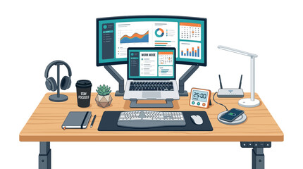 Fototapeta premium A cluttered office desk with computer, laptop, and accessories in a workspace.