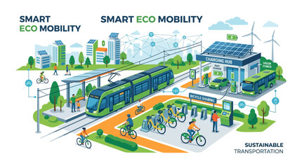 Obraz premium Eco-friendly transportation options including trains and bicycles are shown in a futuristic cityscape with solar panels and wind turbines.