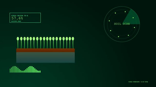 Digital precision farming data visualization displayed on a dark interface showing simulated crop growth metrics and soil moisture level analytics for agricultural monitoring systems in operation