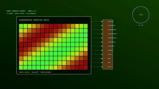 Precision farming data monitors crop health across a digital grid interface showing soil hydration levels during a simulated agricultural analysis process on a dark green screen