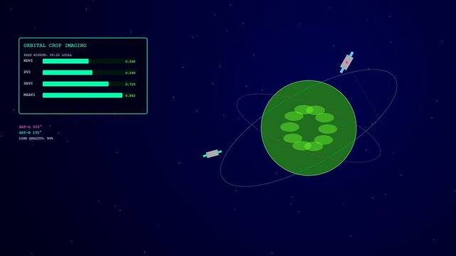 Precision farming data displayed as orbiting satellites monitoring green circular crop growth patterns from above within a digital space environment of glowing light points