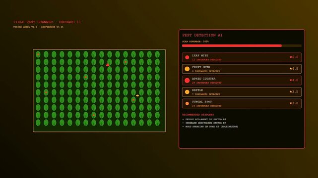Digital displays showing precision farming data and pest analysis results across multiple frames on a dark interface screen for monitoring agricultural crops in real time