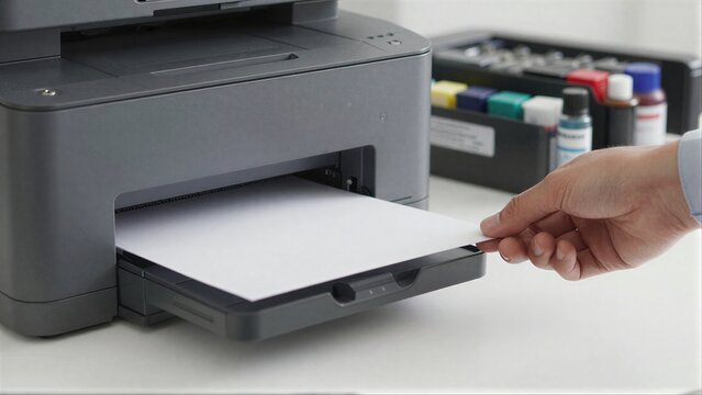 Hand pulls paper from printer, ink cartridges visible in background.