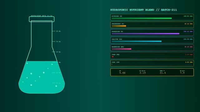 Digital displays showing precision farming data with chemical levels and liquid volumes inside glass beakers shown across three sequential panels in a modern scientific lab environment