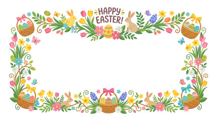 Fototapeta premium Colorful Easter frame with rabbits, eggs, and flowers on white background.