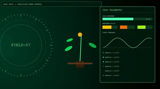 Digital displays showing precision farming data with animated plant graphics monitoring soil moisture levels and nutrient ratios across multiple monitor screens in a dark room environment