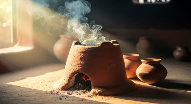 Forno de barro com fuma&ccedil;a saindo de dentro de um interior r&uacute;stico com ilumina&ccedil;&atilde;o aconchegante.