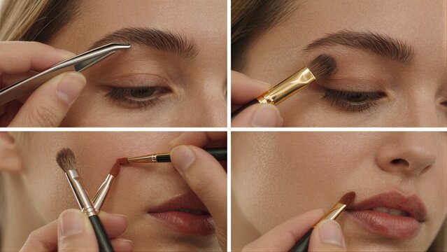 Makeup application steps: eyebrow, eye shadow, lip color.