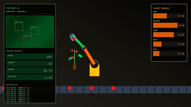 Precision farming data shows an automated mechanical robotic arm performing agricultural harvesting tasks while monitoring complex interface metrics on a dark digital display screen interface panel