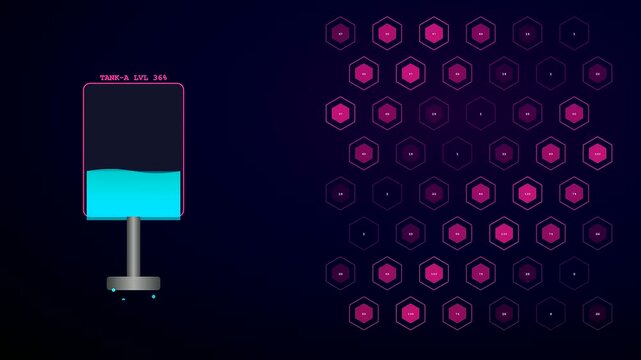 Precision farming data visualization displays liquid levels within glowing storage tanks using a digital interface that shows fluctuating volumes and shifting hexagonal patterns across dark screens