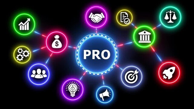 Professional business network diagram with glowing neon icons motion.
