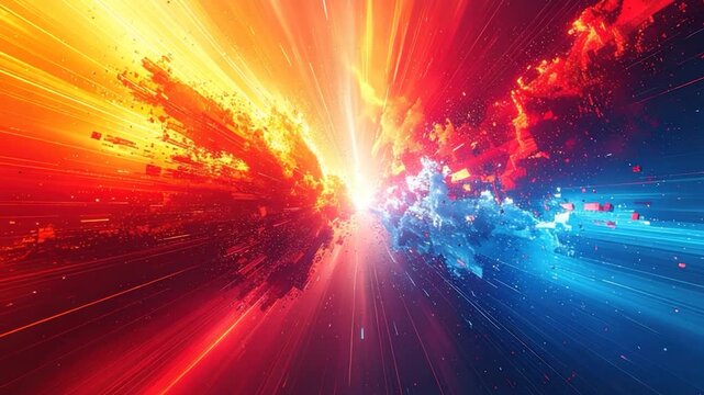 Dynamic abstract composition. Color streaks and particles explode from a central point