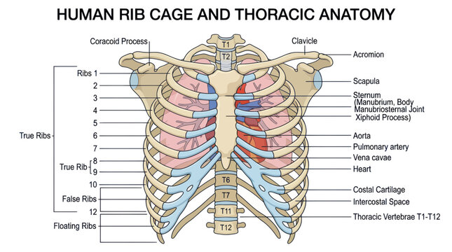 Human Rib Cage and Thoracic Anatomy Diagram with Labels