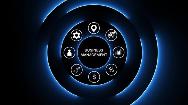 Circular infographic diagram with business management and glowing blue neon rings on a dark background representing strategy and planning Keywords: business, management, strategy, planning