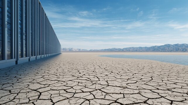 Massive AI Data Center Beside Dry Reservoir Shows Water Consumption, Drought Risk, and Environmental Technology Cost.