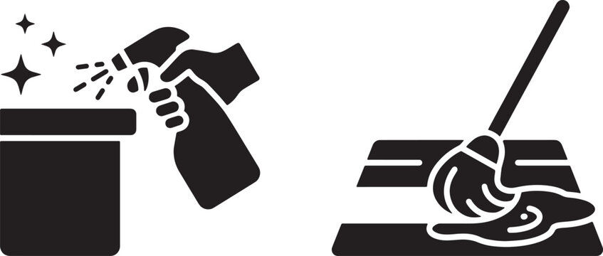 Art & Illustration, Dark silhouette icons showing a specialized aerosol bottle spraying a surface next to a traditional squeegee mop washing a tiled floor.