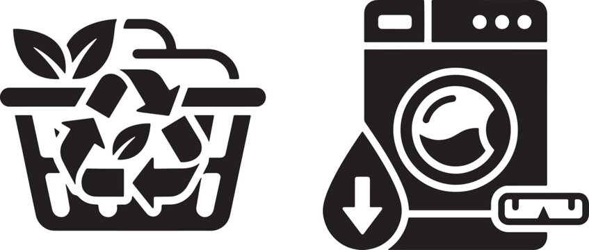 Art & Illustration, Eco-friendly laundry icons displaying a clothes basket filled with leaves next to an automatic washing machine featuring a low water arrow control.