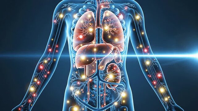 Transparent Human Body With Digital Bloodstream Illustration Highlighting Sepsis Risk Detection And Internal Organ Visualization In Medical Technology Context