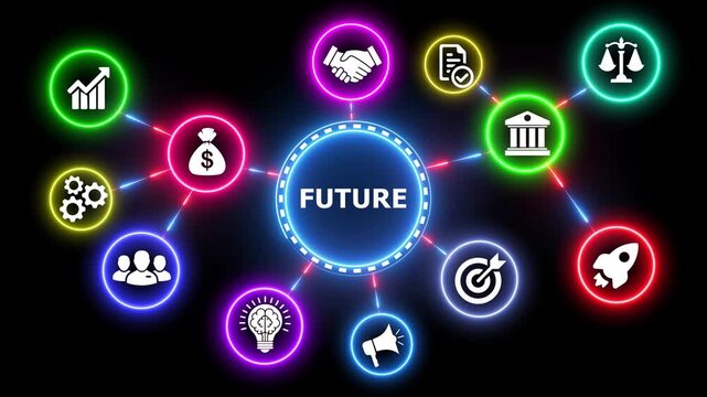Future business strategy mind map with bright neon glowing icons.