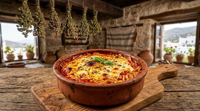 Manestra orzo tomato Greek manestra orzo pasta baked in tomato sauce with cheese top on terracotta bowl wide environmental composition showing food and full