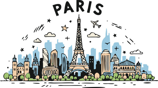 Paris Doodle Cityscape Illustration with Landmark Elements