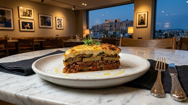 Moussaka cross-section moussaka slice cross-section showing b&eacute;chamel aubergine and spiced minced meat layers stacked on ceramic plate golden top wide