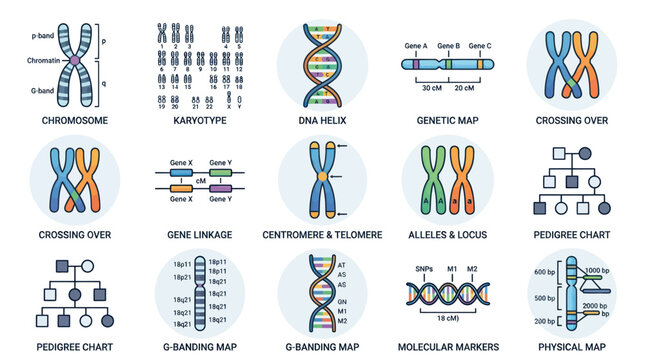 Genetics and molecular biology icon set with DNA.