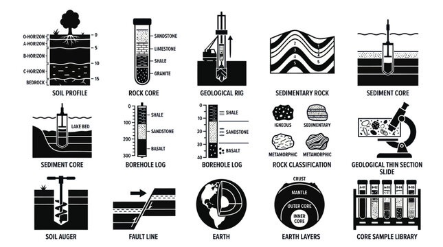 Geology rock core and soil profile sampling icons.