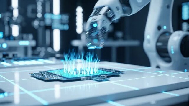 Robotic arm assembling a futuristic microchip with glowing blue energy representing advanced technology and artificial intelligence in manufacturing