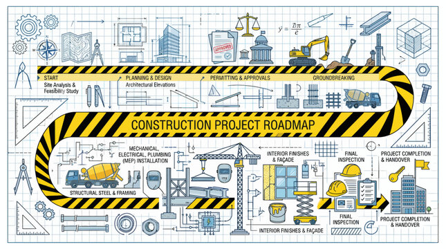 Construction process infographic with architectural plans and engineering icons