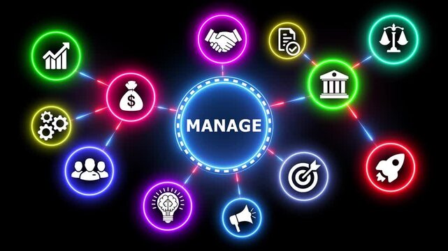 Business management concept animation with glowing neon icon network.