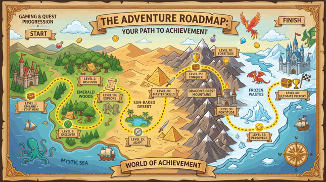 Fantasy adventure game quest map with path and levels for mobile gaming
