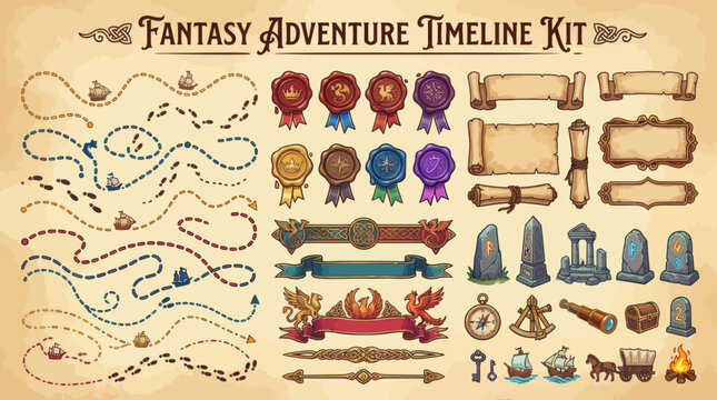 Fantasy treasure map with sailing ships and footprints on vintage paper
